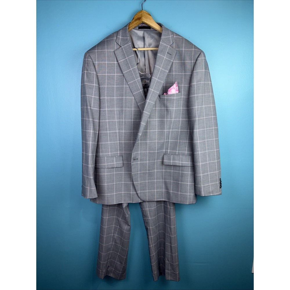 Michael Kors 52R 46x30 Gray Windowpane Mens Jacket Pants Suit Old Money DXL